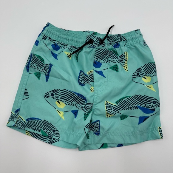 Tea Collection Boys Shortie Swim Trunks Fish Print 4 Blue Green EUC - Picture 1 of 7